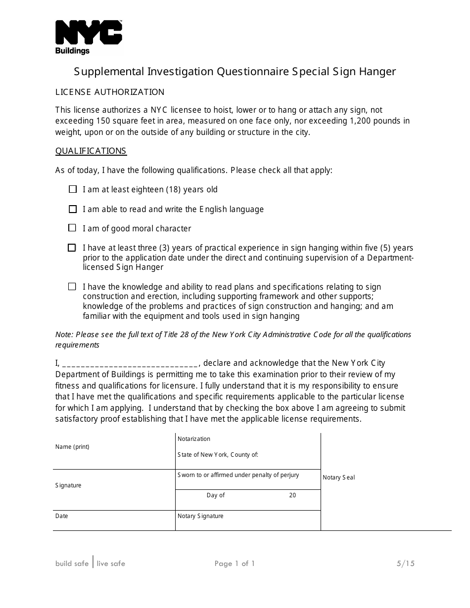 Supplemental Investigation Questionnaire Special Sign Hanger - New York City, Page 1