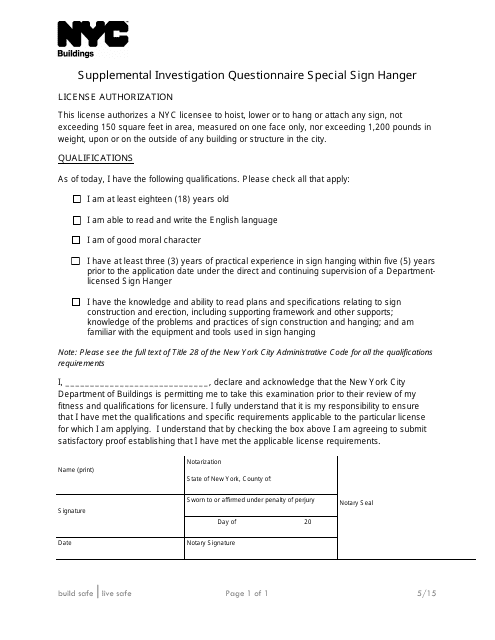 Supplemental Investigation Questionnaire Special Sign Hanger - New York City Download Pdf