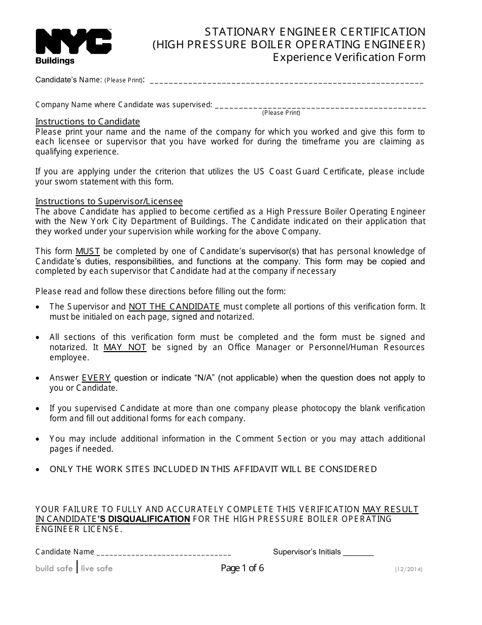 Stationary Engineer Certification (High Pressure Boiler Operating Engineer) Experience Verification Form - New York City, Page 1