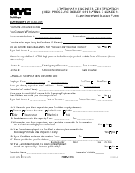 Stationary Engineer Certification (High Pressure Boiler Operating Engineer) Experience Verification Form - New York City, Page 2