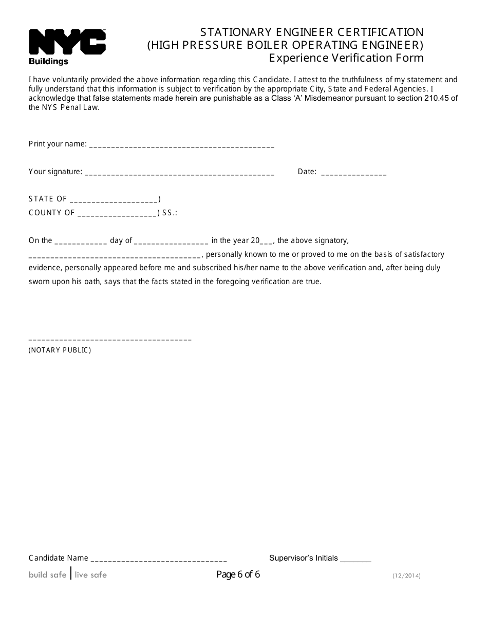 Stationary Engineer Certification (High Pressure Boiler Operating Engineer) Experience Verification Form - New York City, Page 6