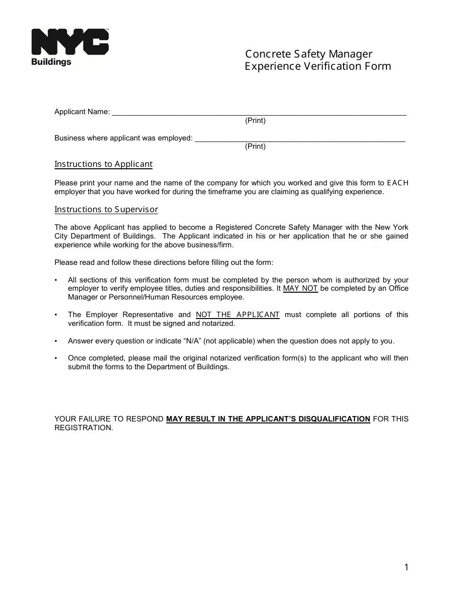 Concrete Safety Manager Experience Verification Form - New York City, Page 1