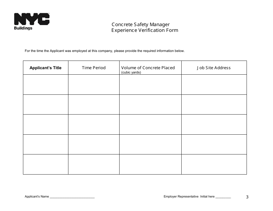 Concrete Safety Manager Experience Verification Form - New York City, Page 3