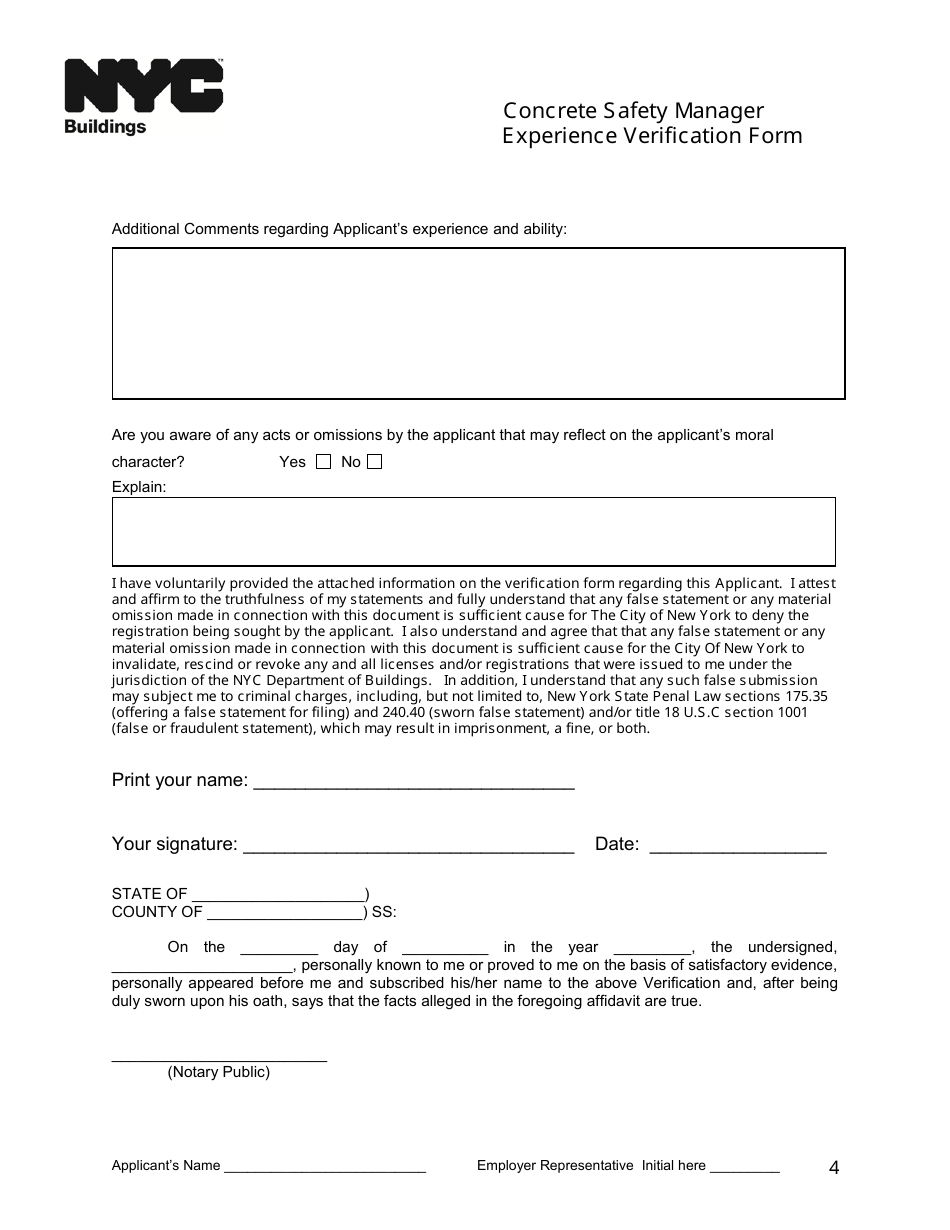 Concrete Safety Manager Experience Verification Form - New York City, Page 4