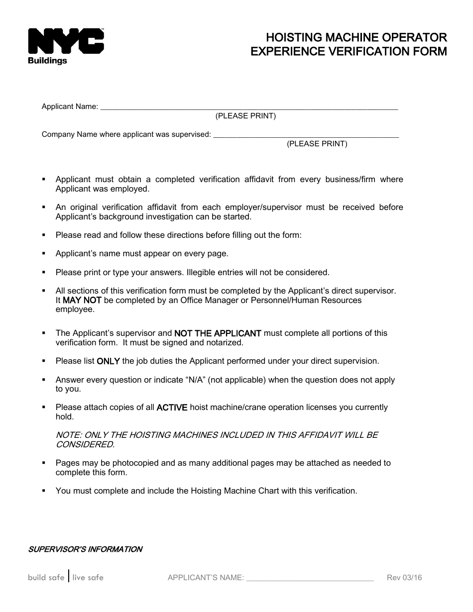 Hoisting Machine Operator Experience Verification Form - New York City, Page 1