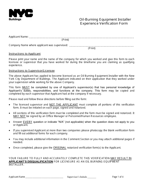 Oil-Burning Equipment Installer Experience Verification Form - New York City Download Pdf
