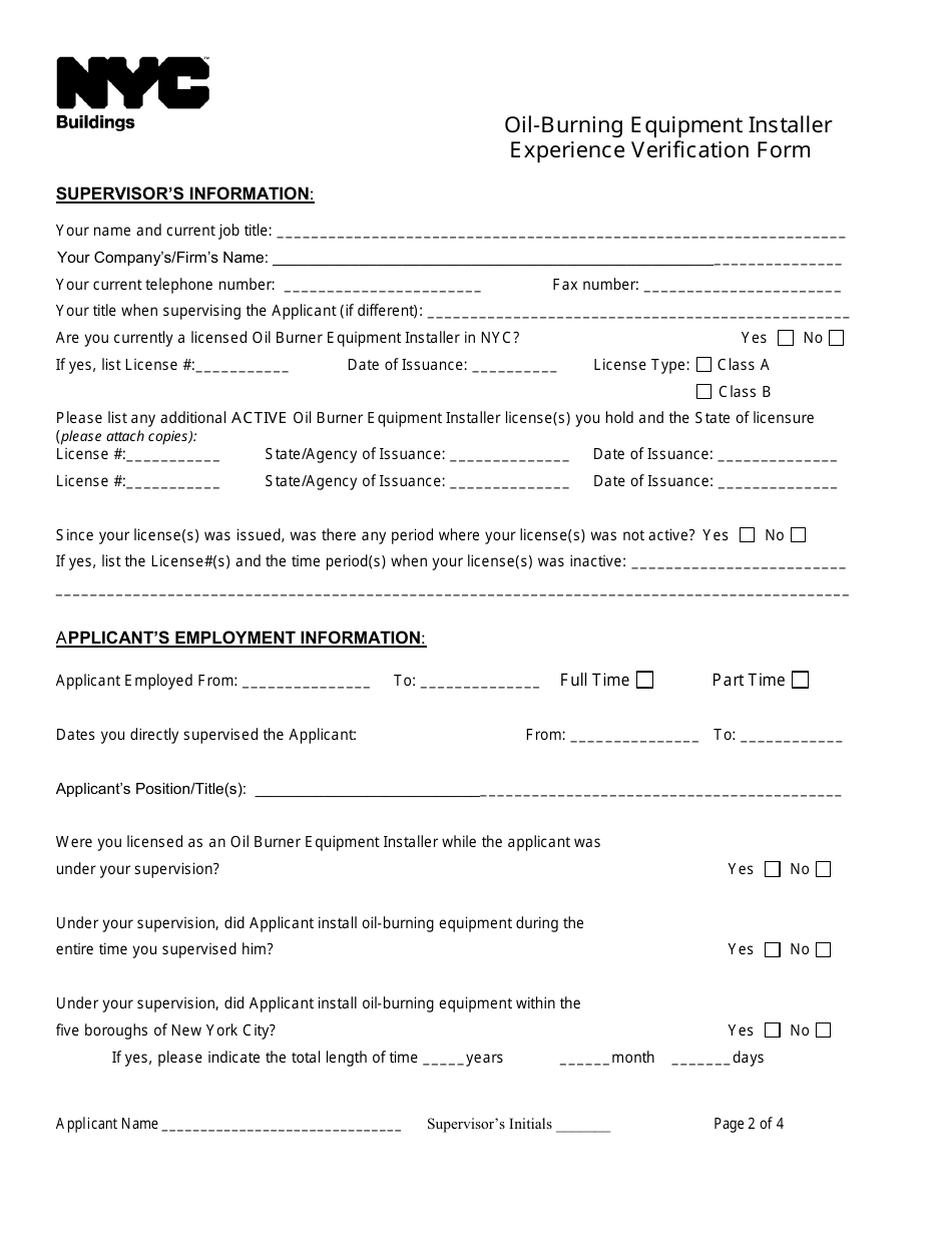 Oil-Burning Equipment Installer Experience Verification Form - New York City, Page 2