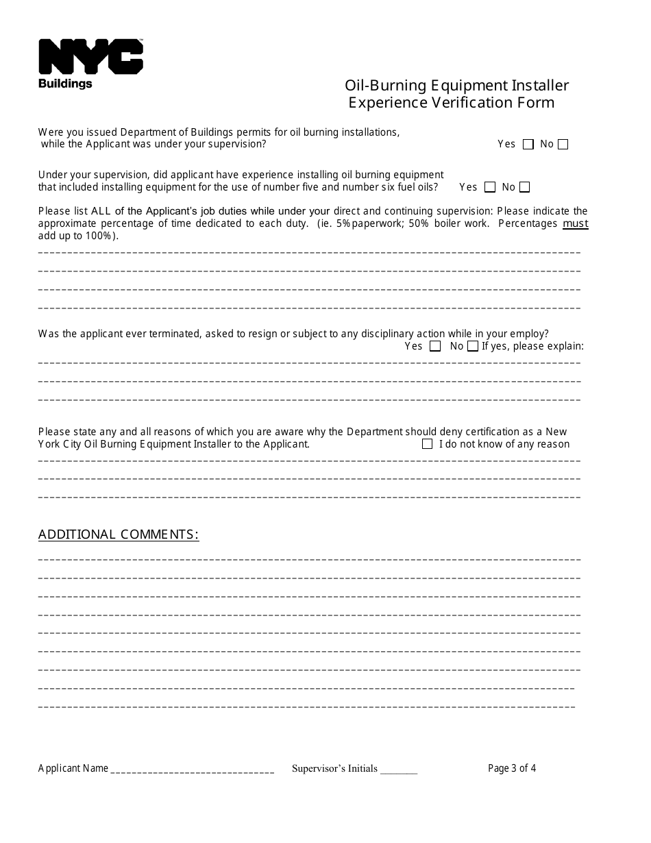 Oil-Burning Equipment Installer Experience Verification Form - New York City, Page 3