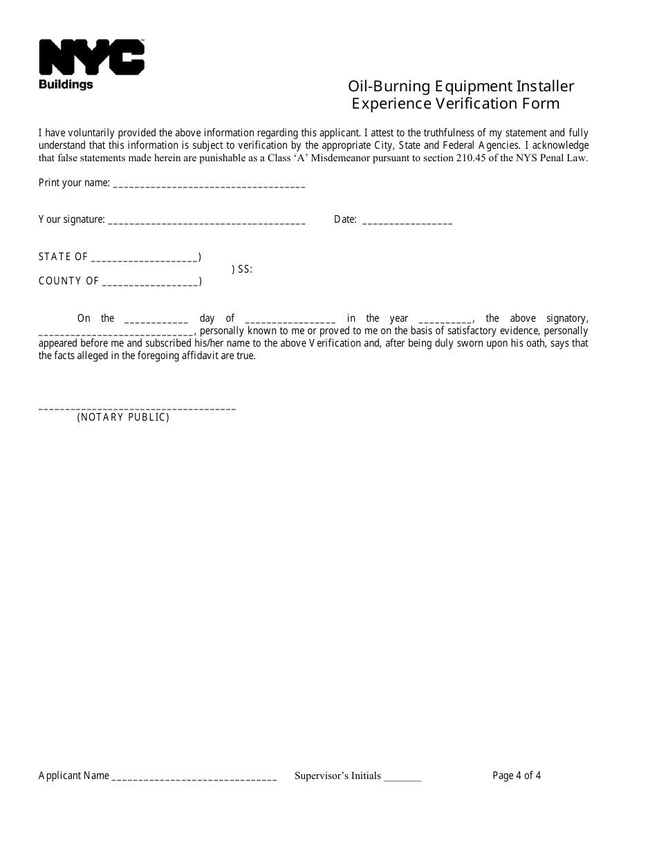 Oil-Burning Equipment Installer Experience Verification Form - New York City, Page 4