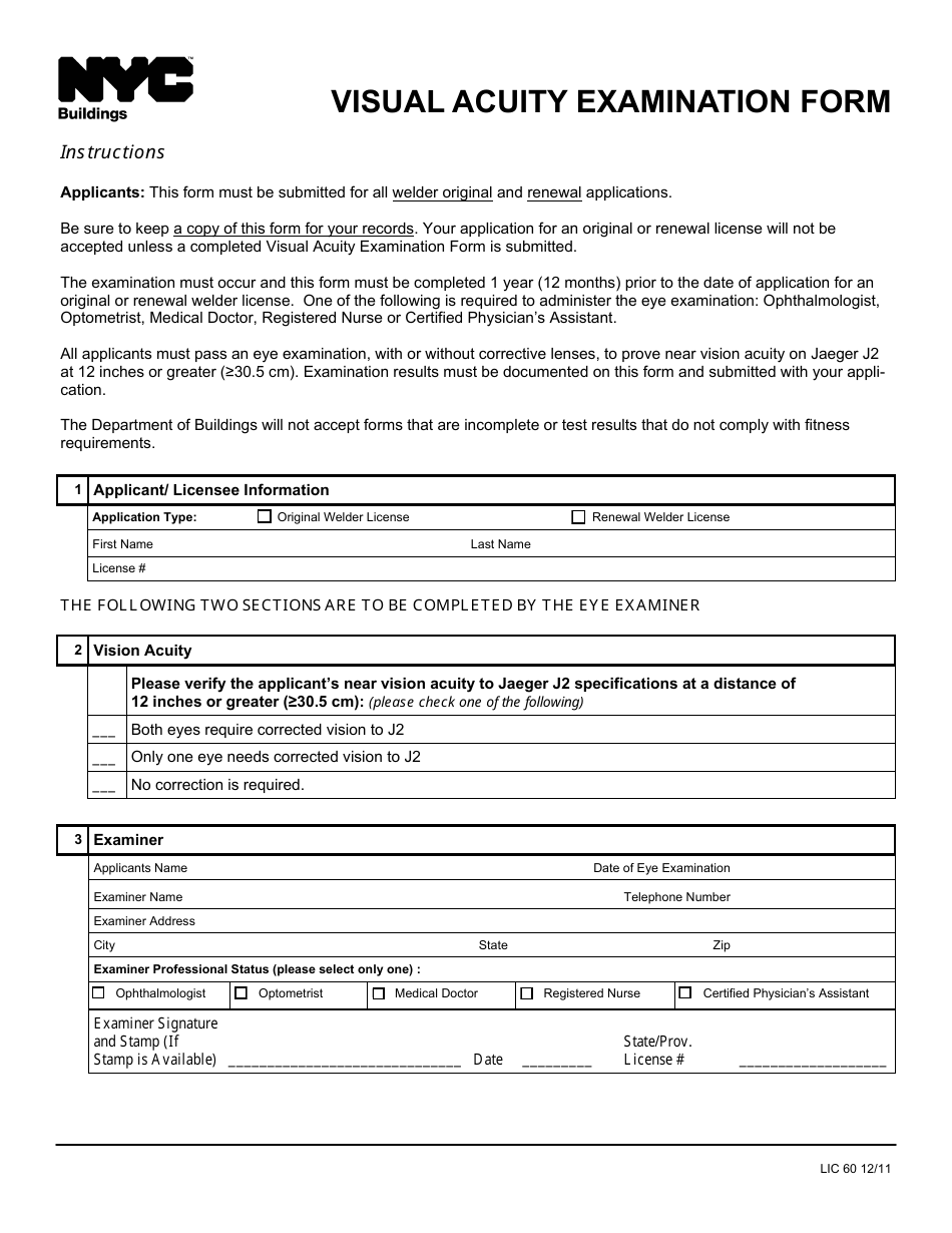Form LIC60 Visual Acuity Examination Form - New York City, Page 1