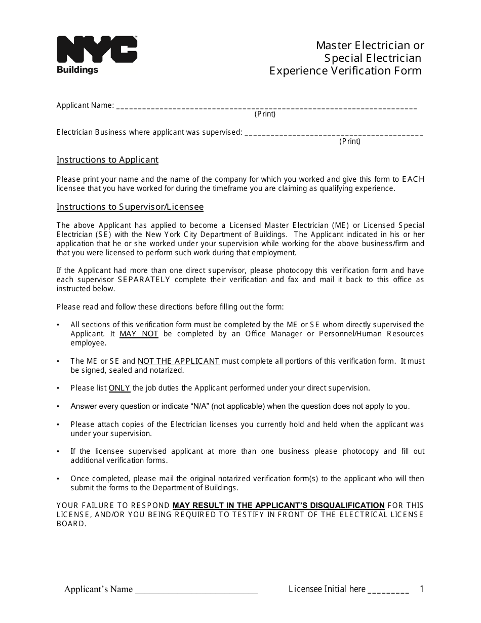 Master Electrician or Special Electrician Experience Verification Form - New York City, Page 1