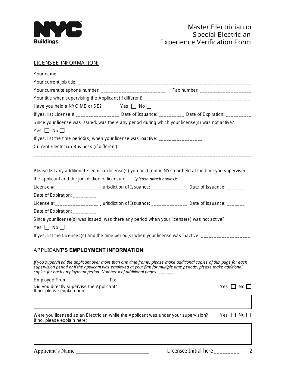 Master Electrician or Special Electrician Experience Verification Form - New York City, Page 2