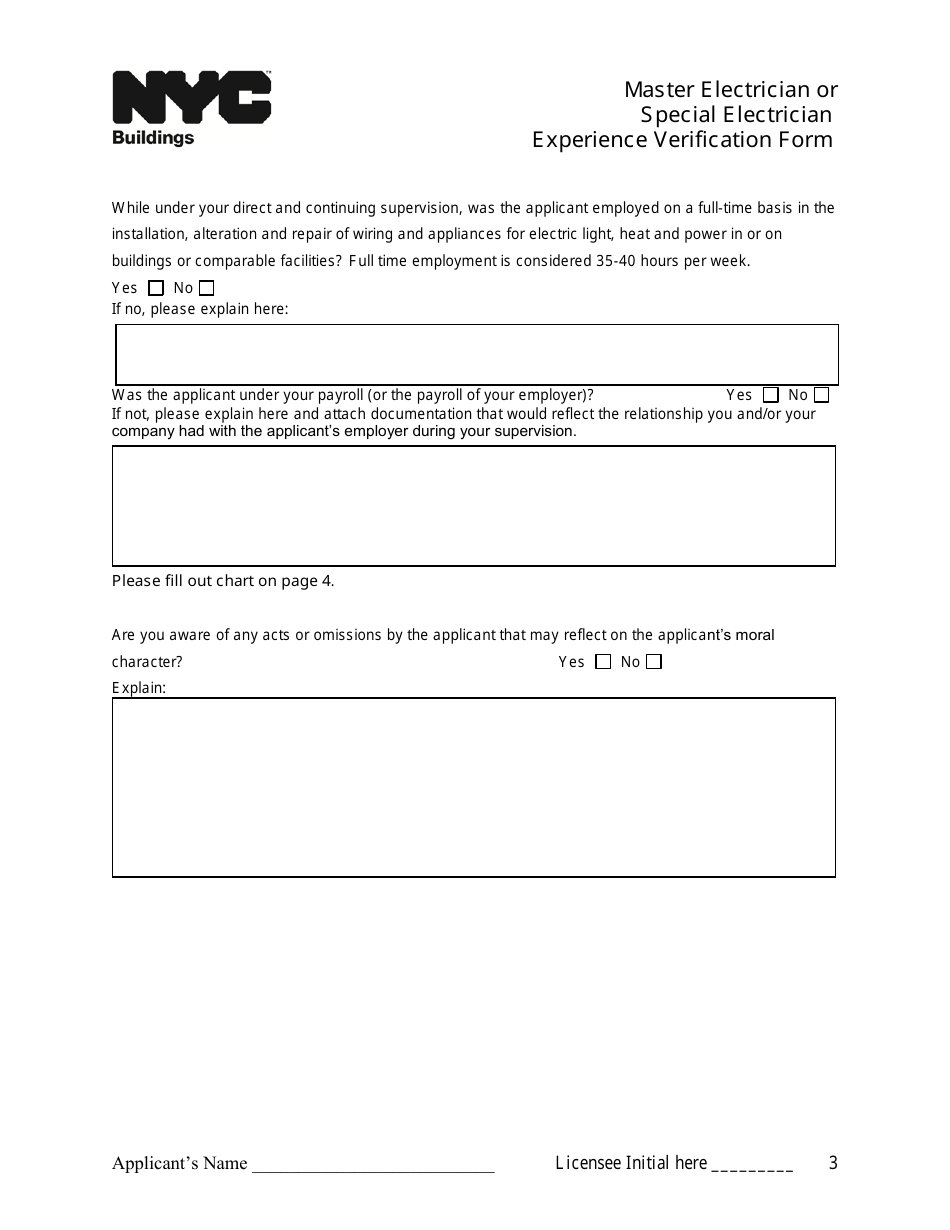 Master Electrician or Special Electrician Experience Verification Form - New York City, Page 3