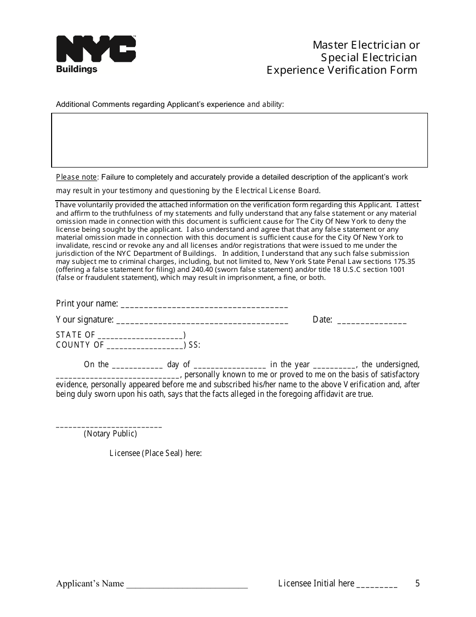 Master Electrician or Special Electrician Experience Verification Form - New York City, Page 5
