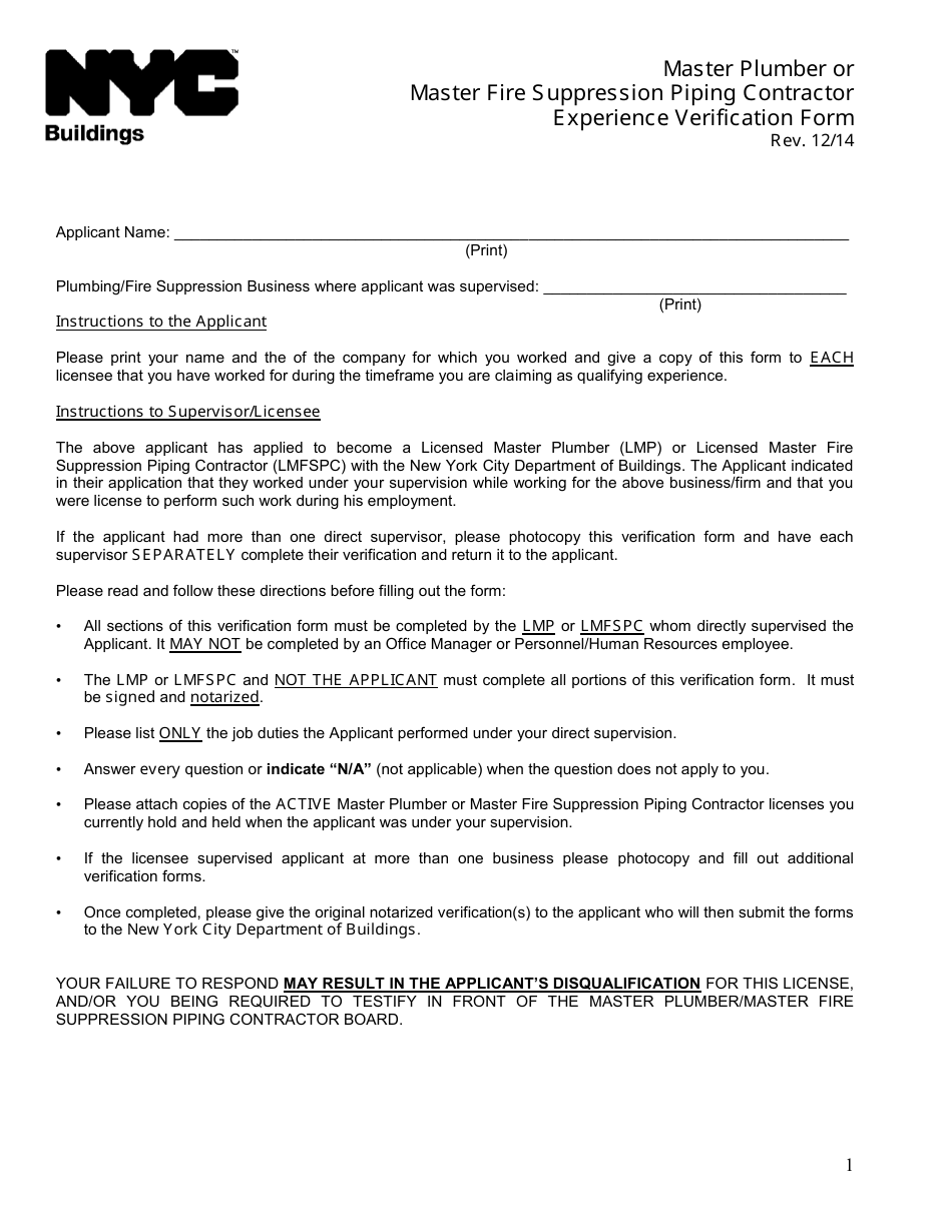 Master Plumber or Master Fire Suppression Piping Contractor Experience Verification Form - New York City, Page 1