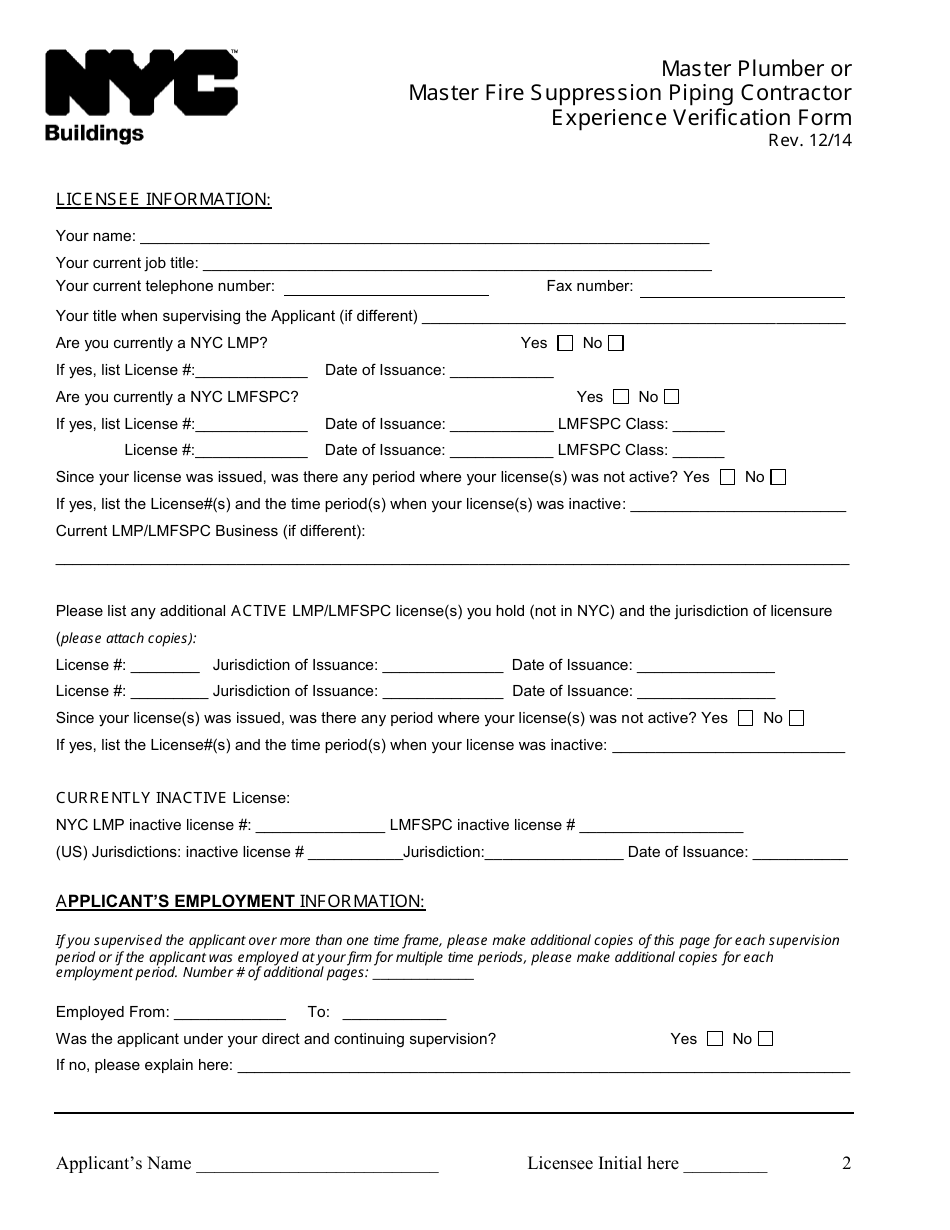 Master Plumber or Master Fire Suppression Piping Contractor Experience Verification Form - New York City, Page 2