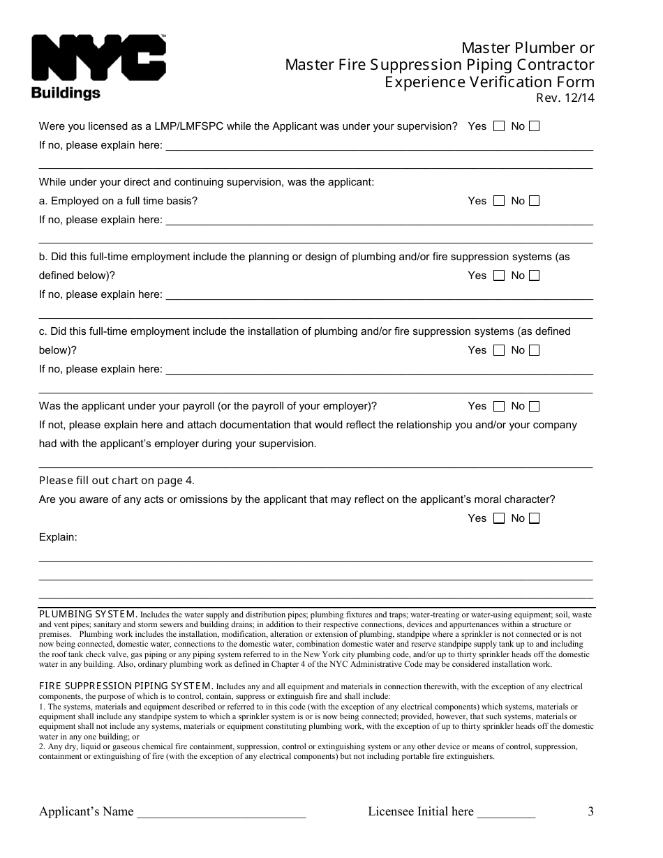Master Plumber or Master Fire Suppression Piping Contractor Experience Verification Form - New York City, Page 3
