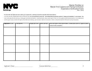Master Plumber or Master Fire Suppression Piping Contractor Experience Verification Form - New York City, Page 4