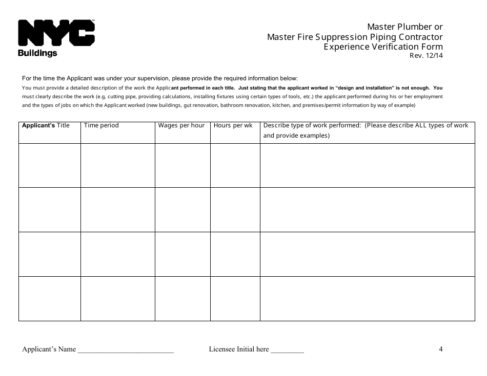 Master Plumber or Master Fire Suppression Piping Contractor Experience Verification Form - New York City, Page 4