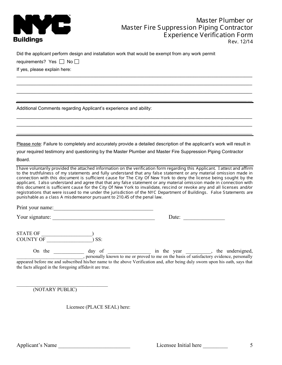 Master Plumber or Master Fire Suppression Piping Contractor Experience Verification Form - New York City, Page 5