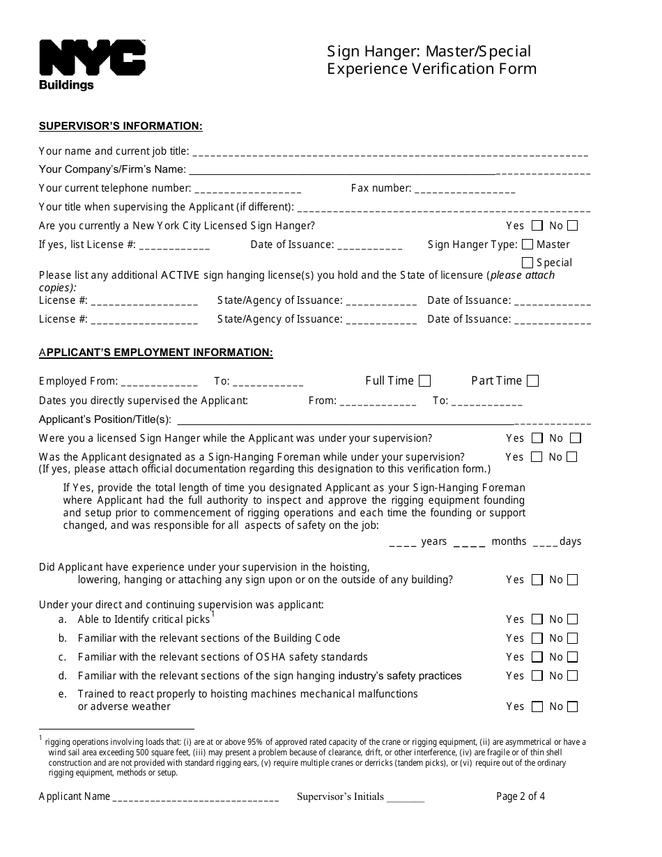 Sign Hanger: Master / Special Experience Verification Form - New York City, Page 2