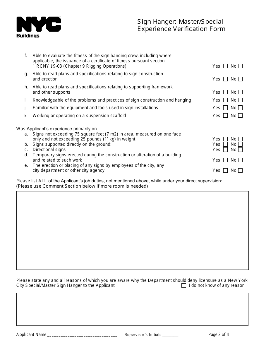 Sign Hanger: Master / Special Experience Verification Form - New York City, Page 3