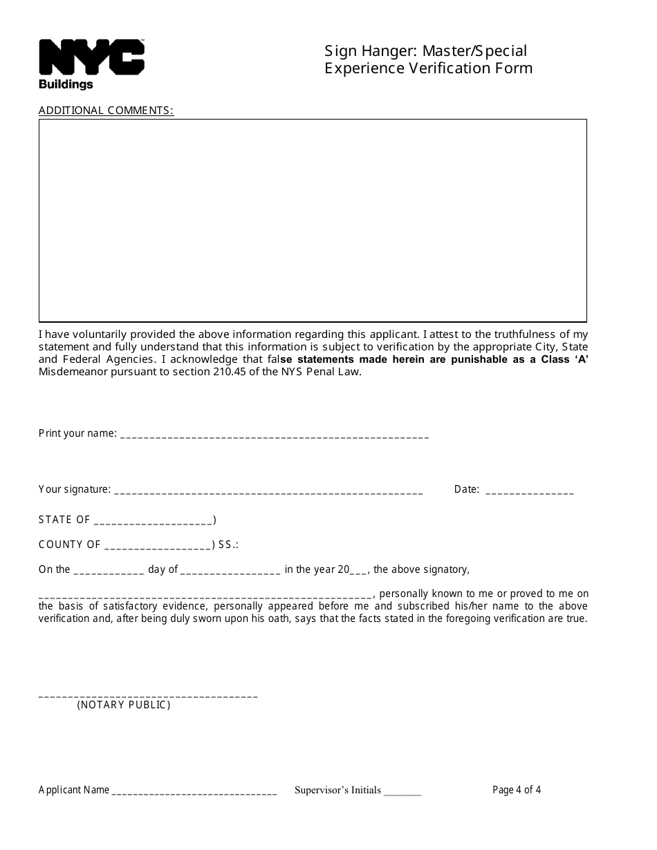 Sign Hanger: Master / Special Experience Verification Form - New York City, Page 4