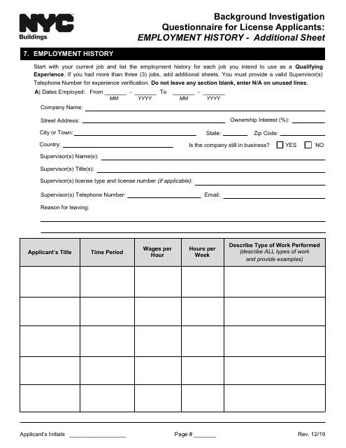 Background Investigation Questionnaire for License Applicants: Employment History - Additional Sheet - New York City Download Pdf