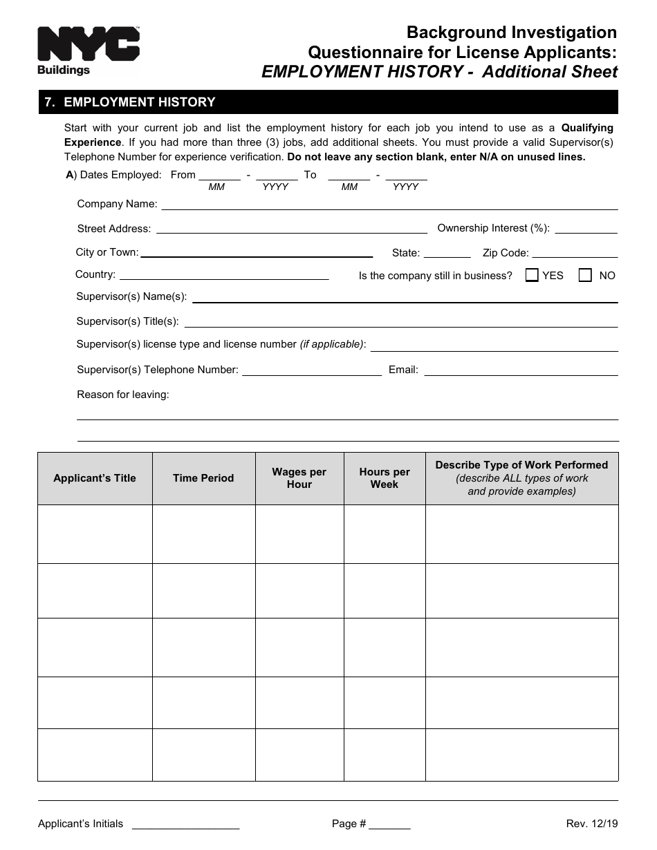 Background Investigation Questionnaire for License Applicants: Employment History - Additional Sheet - New York City, Page 1