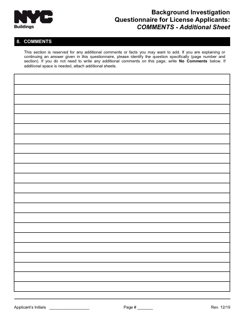 Background Investigation Questionnaire for License Applicants: Comments - Additional Sheet - New York City Download Pdf