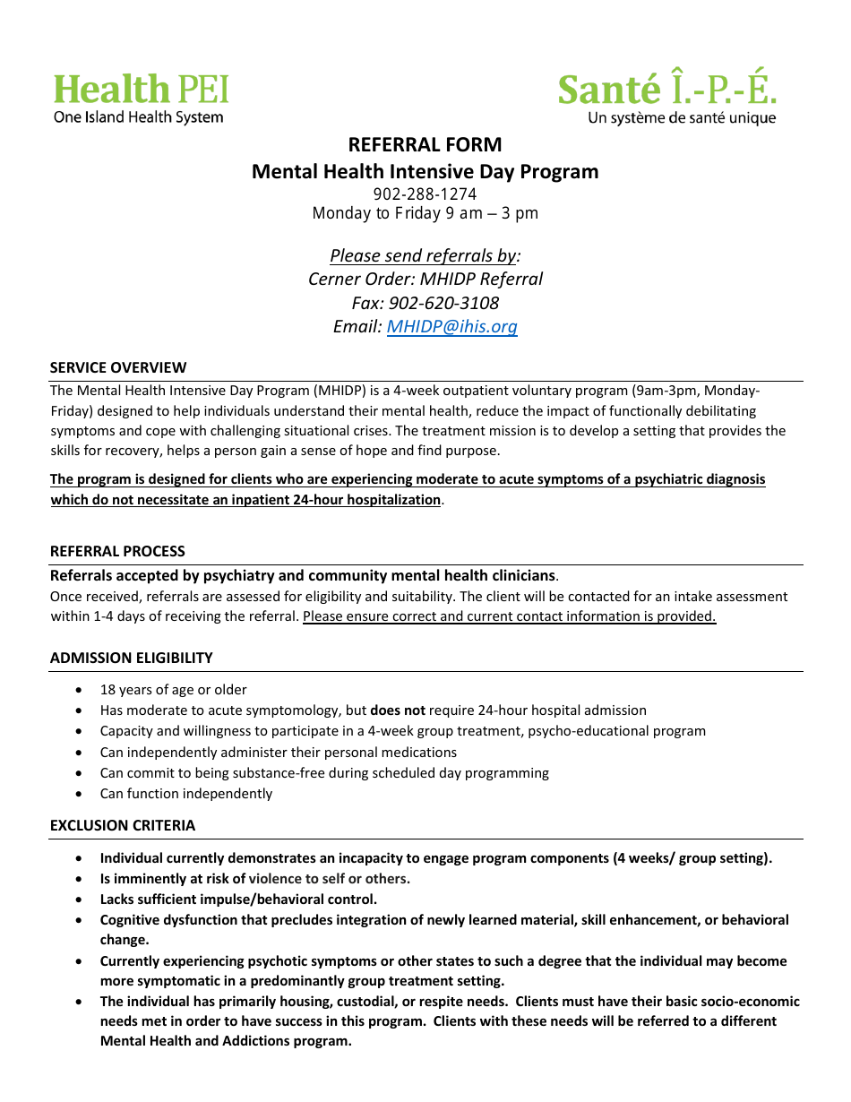 Referral Form - Mental Health Intensive Day Program - Prince Edward Island, Canada, Page 1