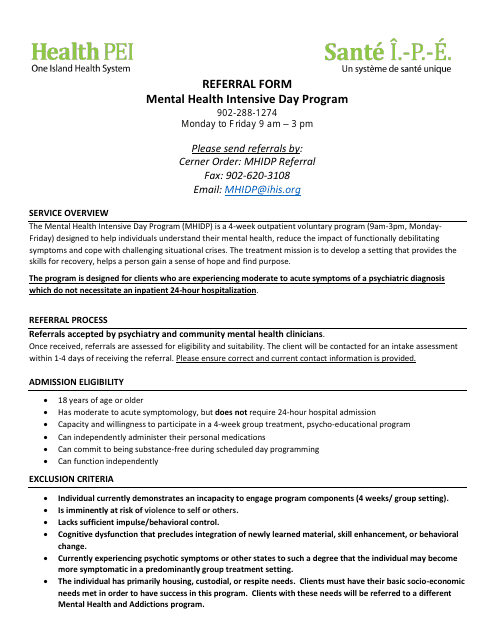 Referral Form - Mental Health Intensive Day Program - Prince Edward Island, Canada Download Pdf
