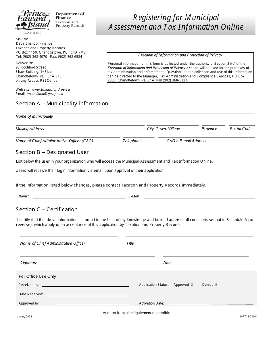 Form 10PT15-28104 Registering for Municipal Assessment and Tax Information Online - Prince Edward Island, Canada, Page 1