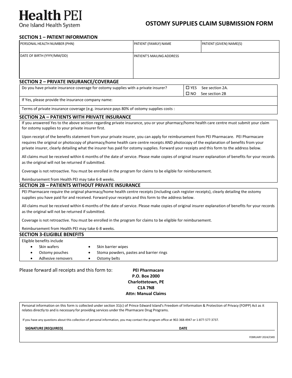 Ostomy Supplies Claim Submission Form - Prince Edward Island, Canada, Page 1