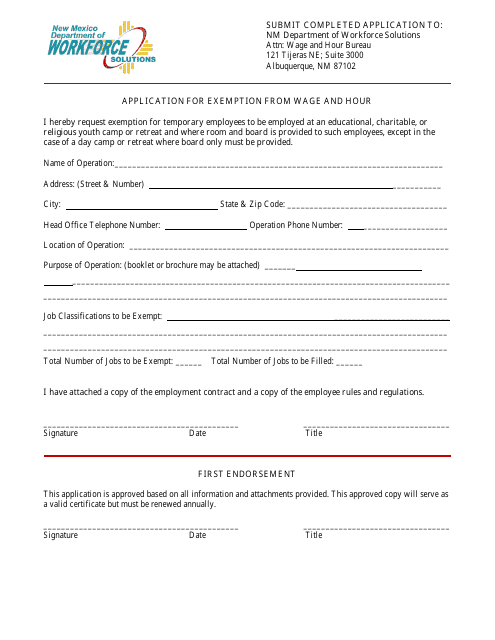Application for Exemption From Wage and Hour - New Mexico Download Pdf