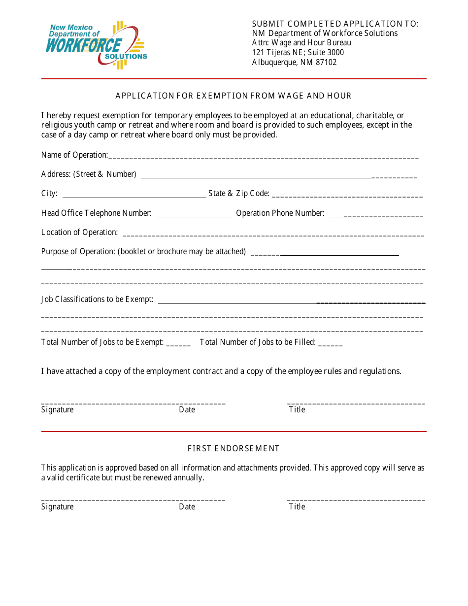 New Mexico Application for Exemption From Wage and Hour - Fill Out ...