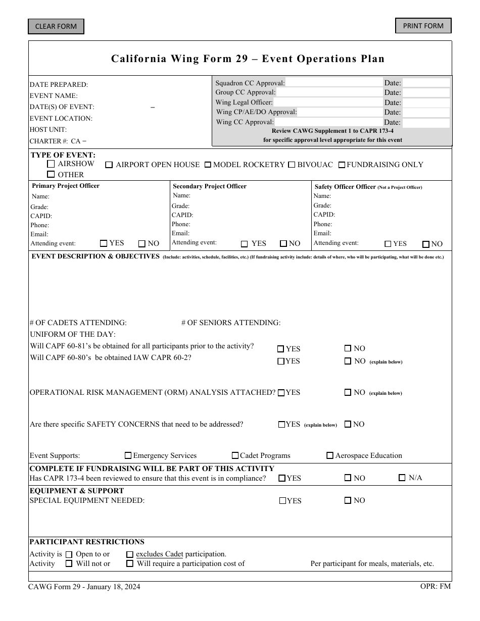 CAWG Form 29 Event Operations Plan, Page 1