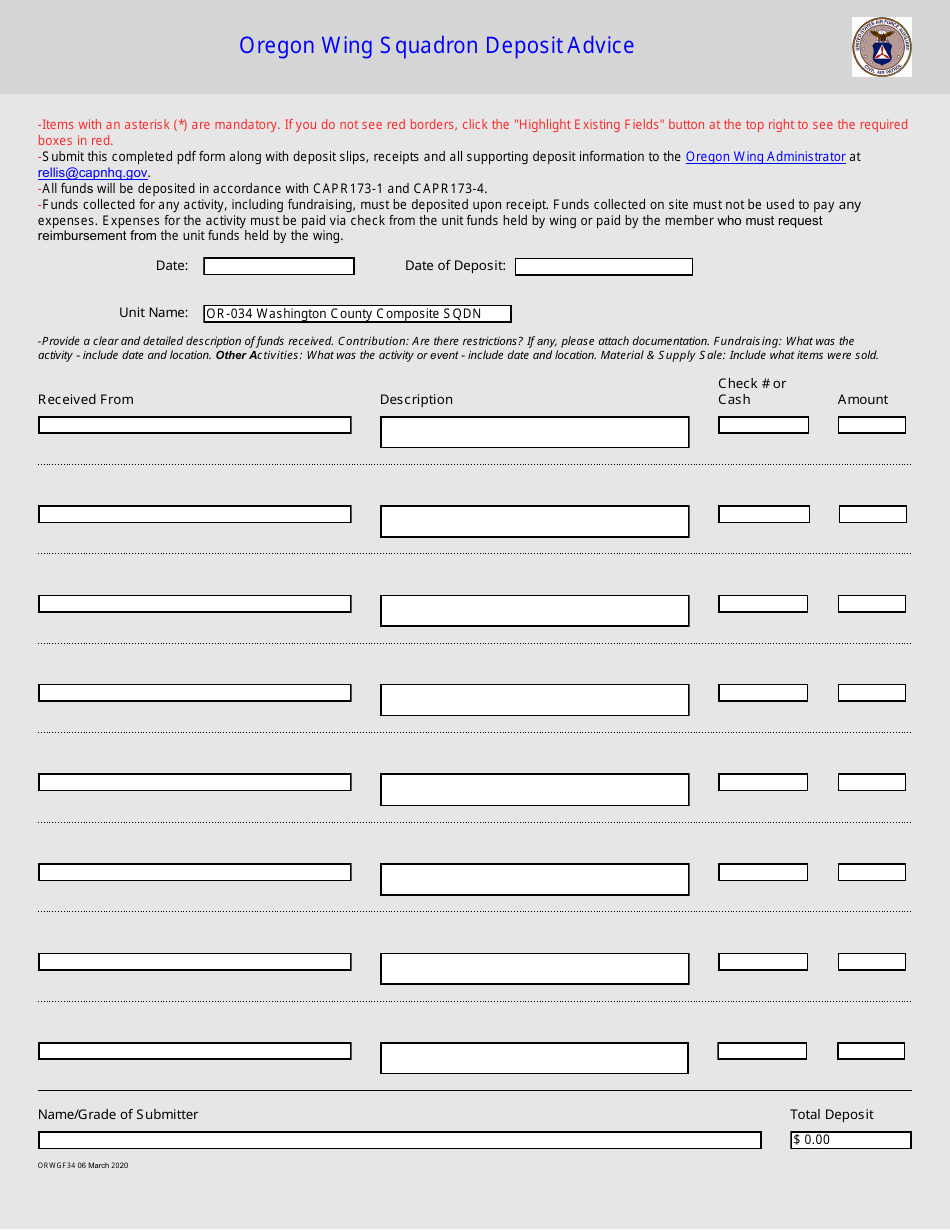 ORWG Form 34 Oregon Wing Squadron Deposit Advice, Page 1