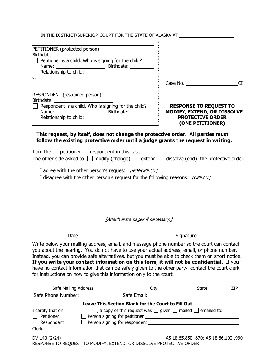Form DV-140 Response to Request to Modify, Extend, or Dissolve Protective Order (One Petitioner) - Alaska, Page 1