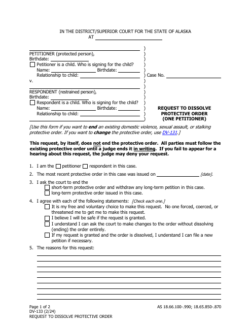 Form DV-133 Request to Dissolve Protective Order (One Petitioner) - Alaska