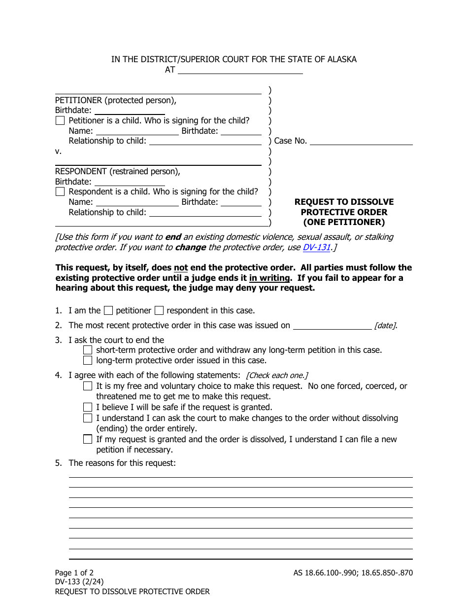 Form DV-133 Request to Dissolve Protective Order (One Petitioner) - Alaska, Page 1