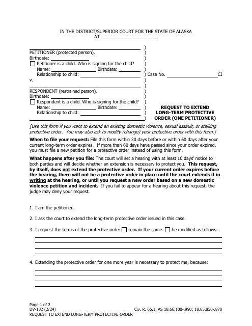 Form DV-132 Request to Extend Long-Term Protective Order (One Petitioner) - Alaska