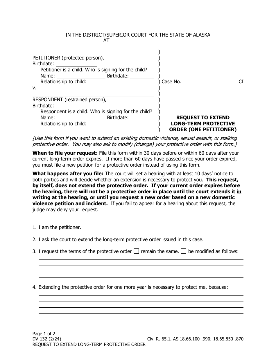 Form DV-132 Request to Extend Long-Term Protective Order (One Petitioner) - Alaska, Page 1