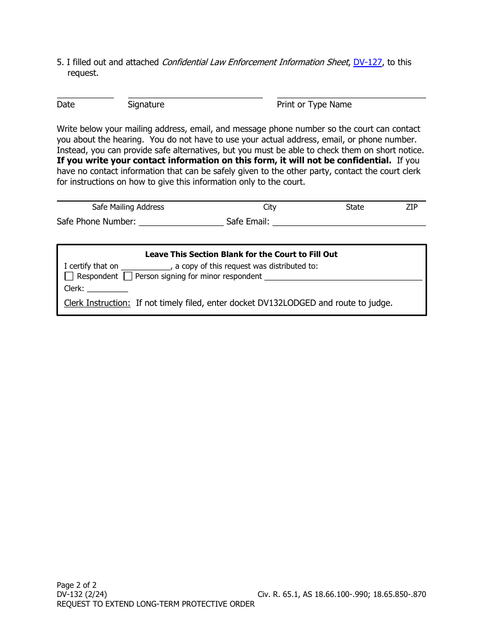 Form DV-132 Request to Extend Long-Term Protective Order (One Petitioner) - Alaska, Page 2