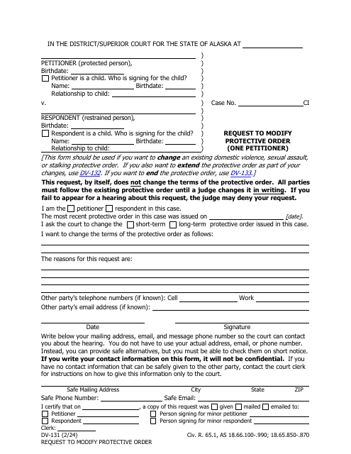 Form DV-131 Request to Modify Protective Order - Alaska