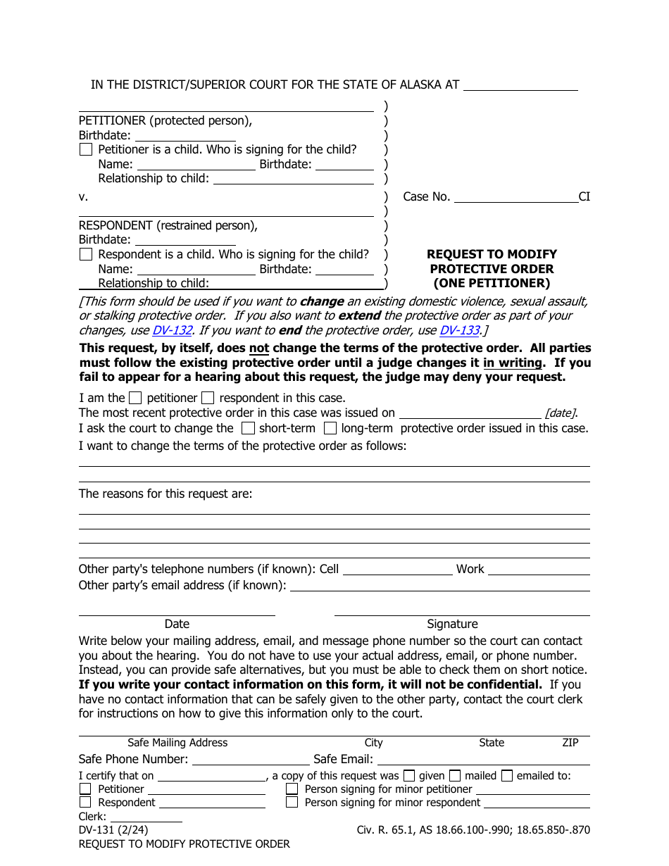 Form DV-131 Request to Modify Protective Order - Alaska, Page 1