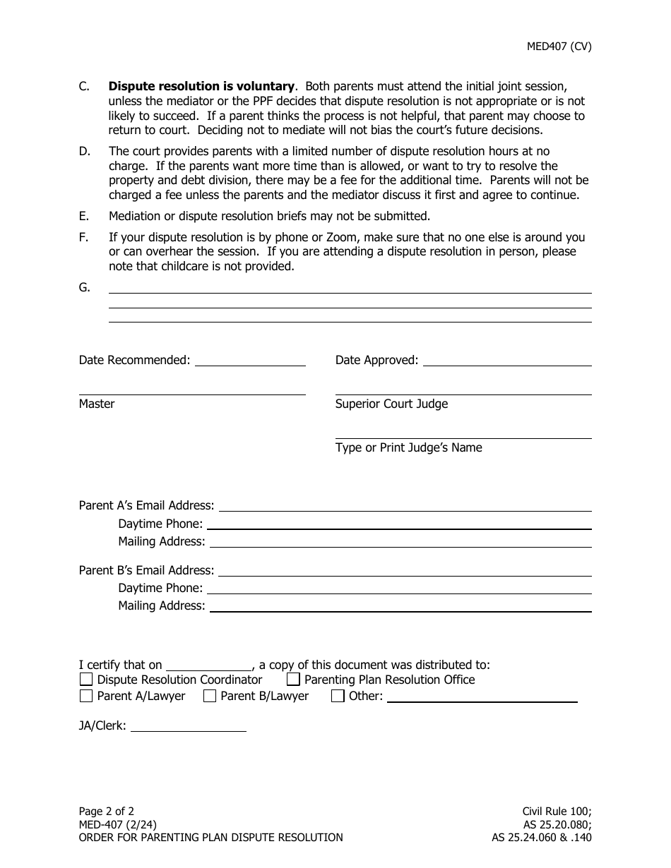 Form MED-407 Order for Parenting Plan Dispute Resolution - Alaska, Page 2