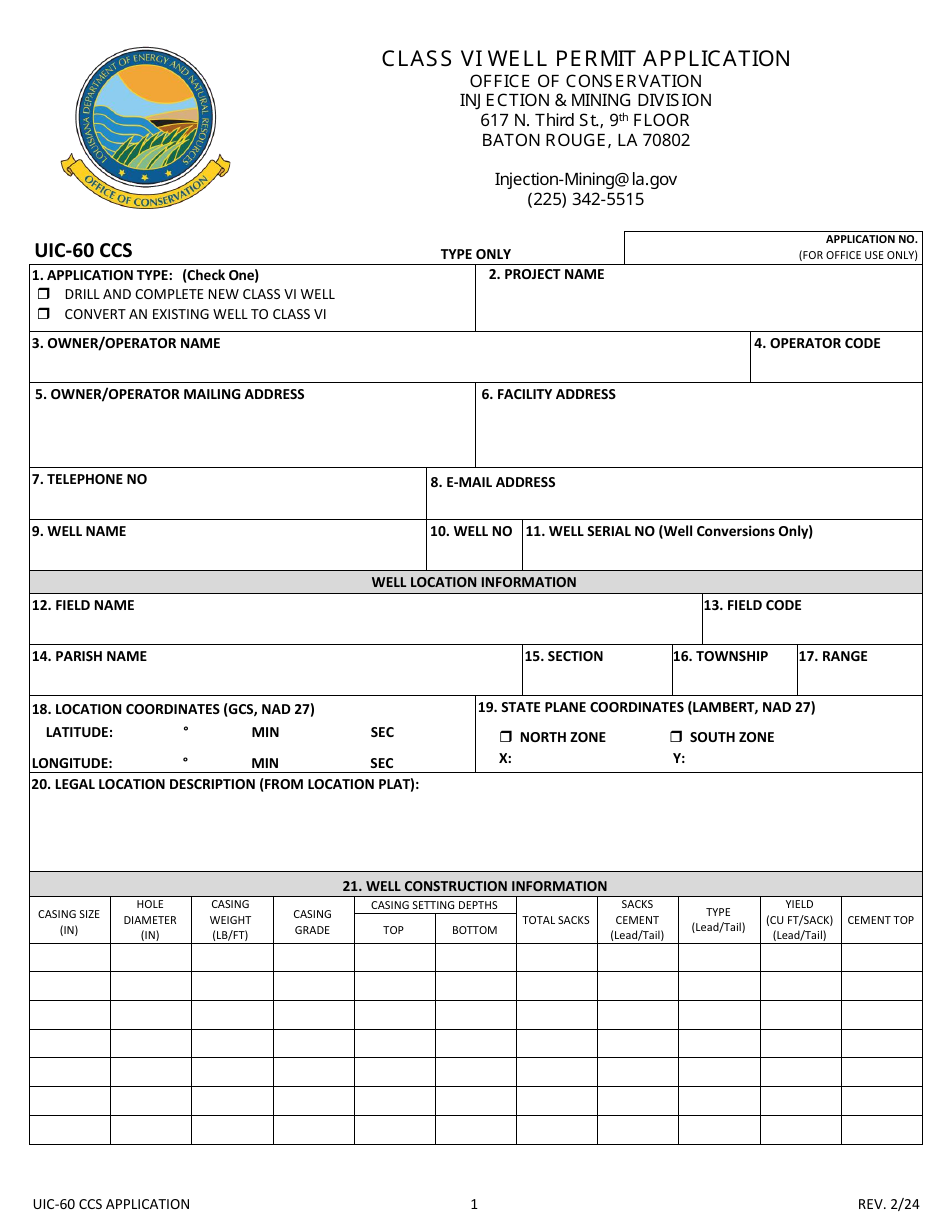 Form UIC-60 CCS Class VI Well Permit Application - Louisiana, Page 1