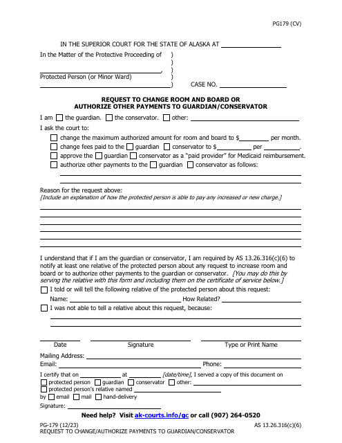 Form PG-179 Request to Change Room and Board or Authorize Other Payments to Guardian/Conservator - Alaska