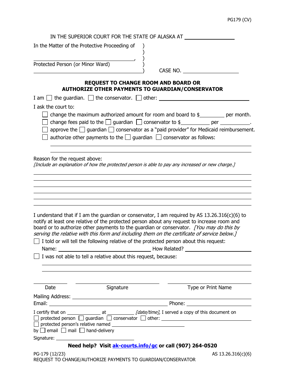 Form PG-179 Request to Change Room and Board or Authorize Other Payments to Guardian / Conservator - Alaska, Page 1
